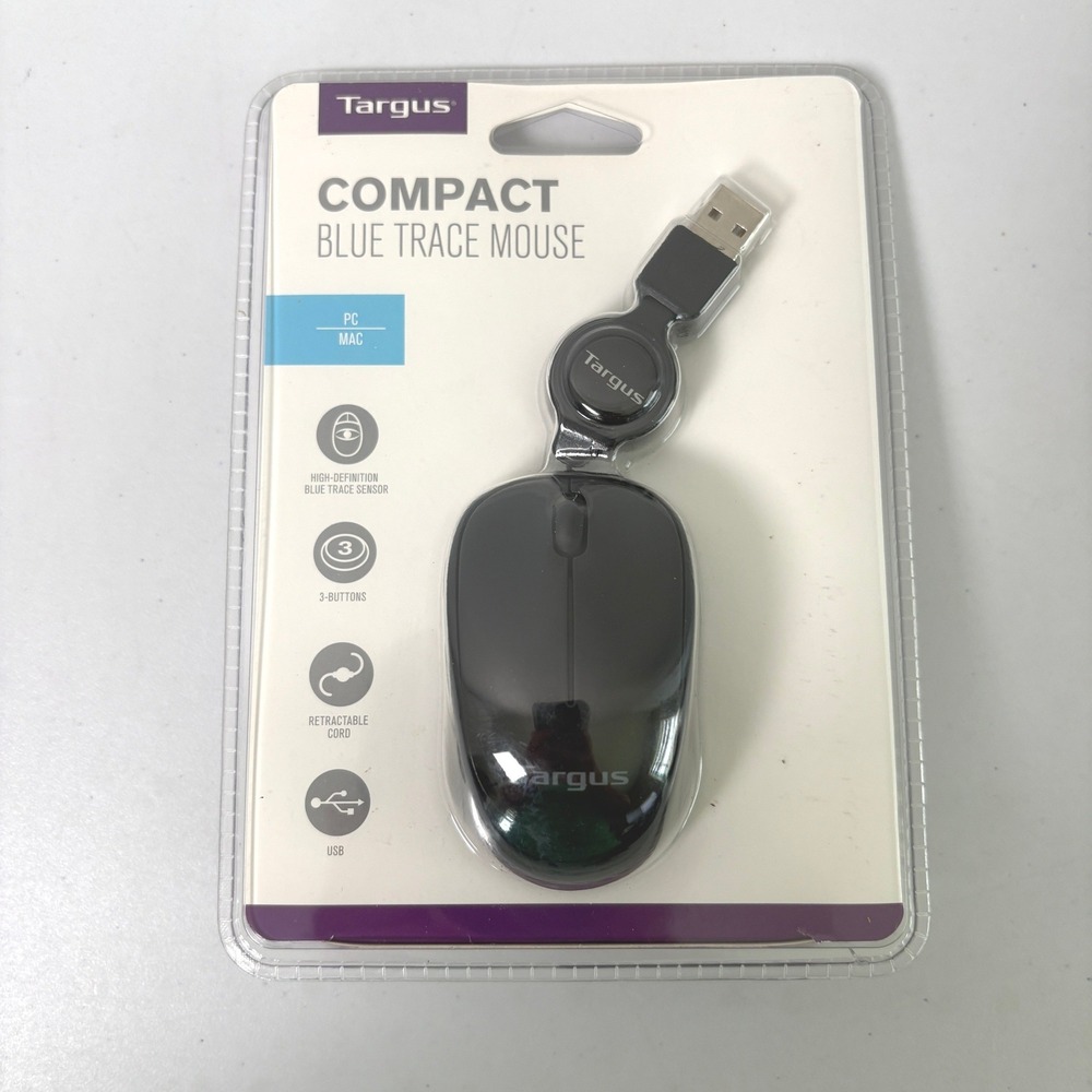 Targus Compact Blue Trace Mouse PC Mac Black Retractable USB Cord AMU625